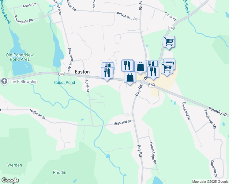 map of restaurants, bars, coffee shops, grocery stores, and more near 20 Lamplighter Lane in Easton