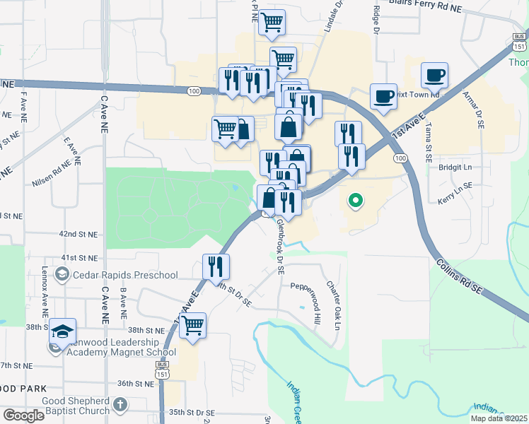 map of restaurants, bars, coffee shops, grocery stores, and more near 4353 1st Ave SE in Cedar Rapids