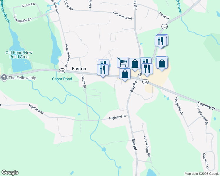 map of restaurants, bars, coffee shops, grocery stores, and more near 11 Lamplighter Lane in Easton