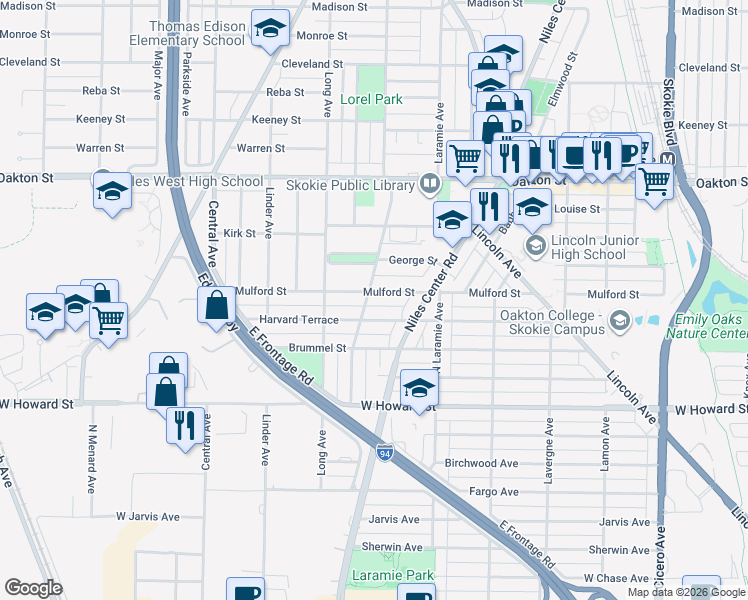 map of restaurants, bars, coffee shops, grocery stores, and more near 5303 Mulford Street in Skokie