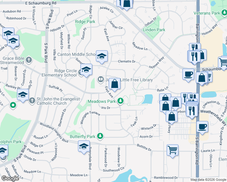 map of restaurants, bars, coffee shops, grocery stores, and more near 140 Filbert Drive in Streamwood