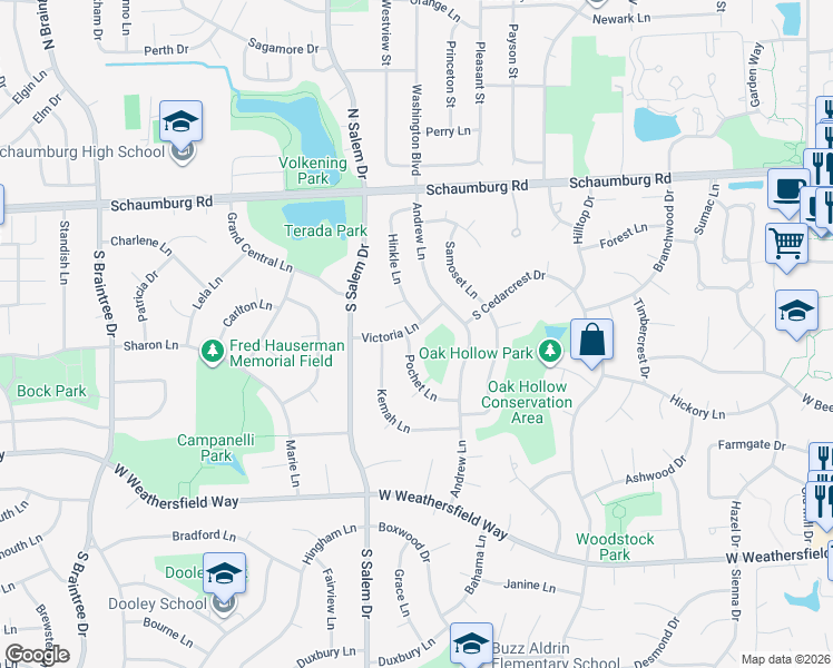map of restaurants, bars, coffee shops, grocery stores, and more near 709 Victoria Lane in Schaumburg
