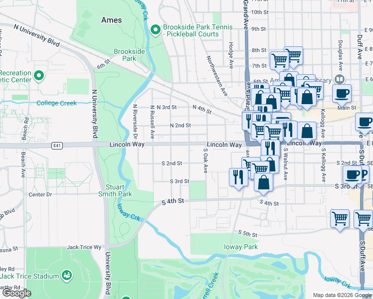 map of restaurants, bars, coffee shops, grocery stores, and more near 107 South Maple Avenue in Ames