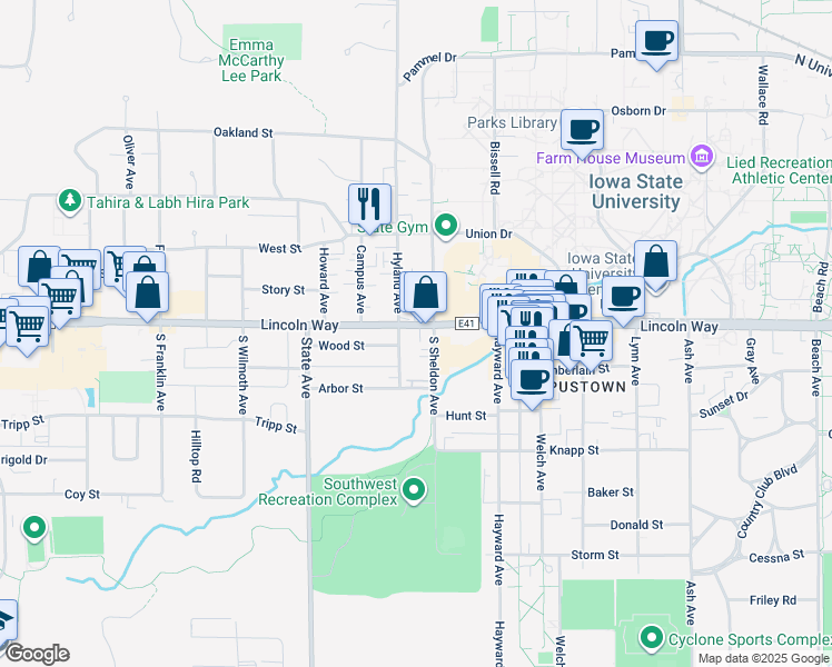 map of restaurants, bars, coffee shops, grocery stores, and more near 112 South Hyland Avenue in Ames