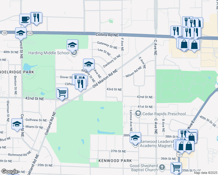 map of restaurants, bars, coffee shops, grocery stores, and more near 754 43rd Street Northeast in Cedar Rapids