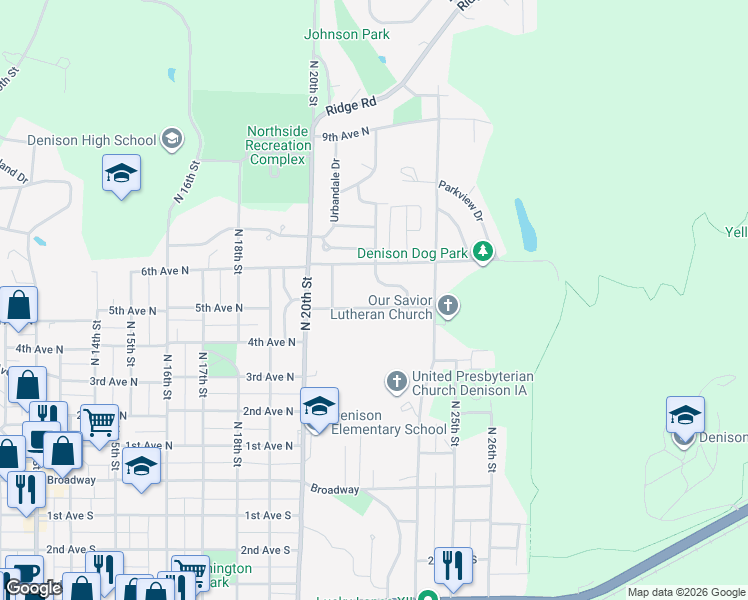 map of restaurants, bars, coffee shops, grocery stores, and more near 2098 Bel Aire Drive in Denison