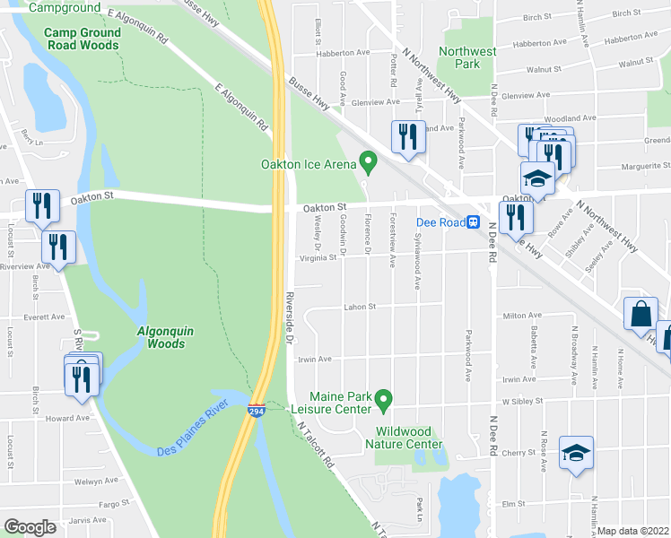 map of restaurants, bars, coffee shops, grocery stores, and more near 836 Goodwin Drive in Park Ridge