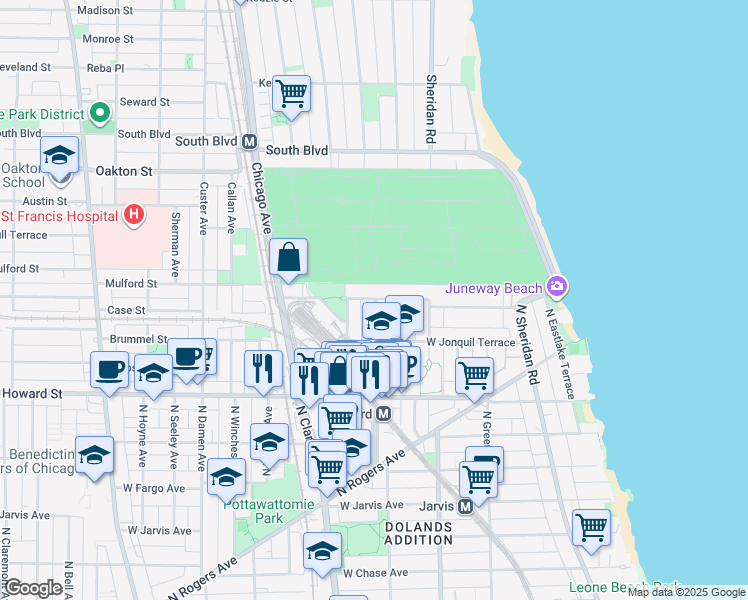 map of restaurants, bars, coffee shops, grocery stores, and more near 1709 West Juneway Terrace in Chicago