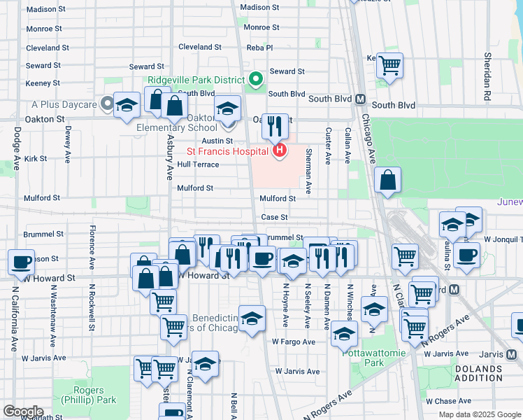 map of restaurants, bars, coffee shops, grocery stores, and more near 825 Case Street in Evanston