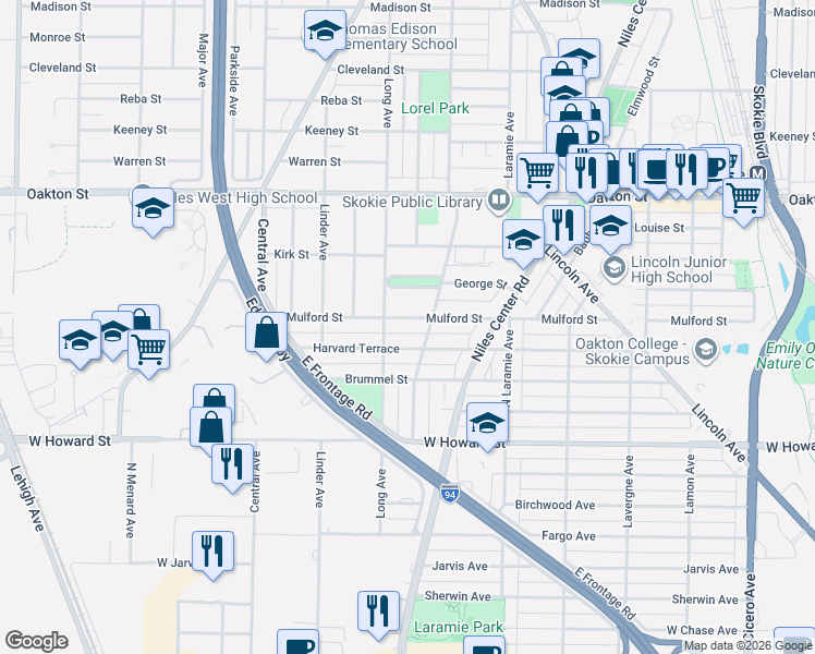 map of restaurants, bars, coffee shops, grocery stores, and more near 5341 Mulford Street in Skokie
