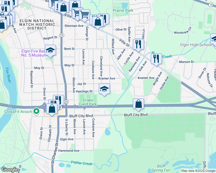 map of restaurants, bars, coffee shops, grocery stores, and more near 807 Jay Street in Elgin