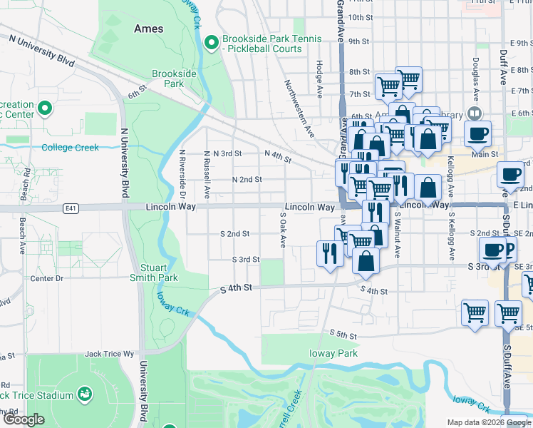 map of restaurants, bars, coffee shops, grocery stores, and more near 107 South Maple Avenue in Ames