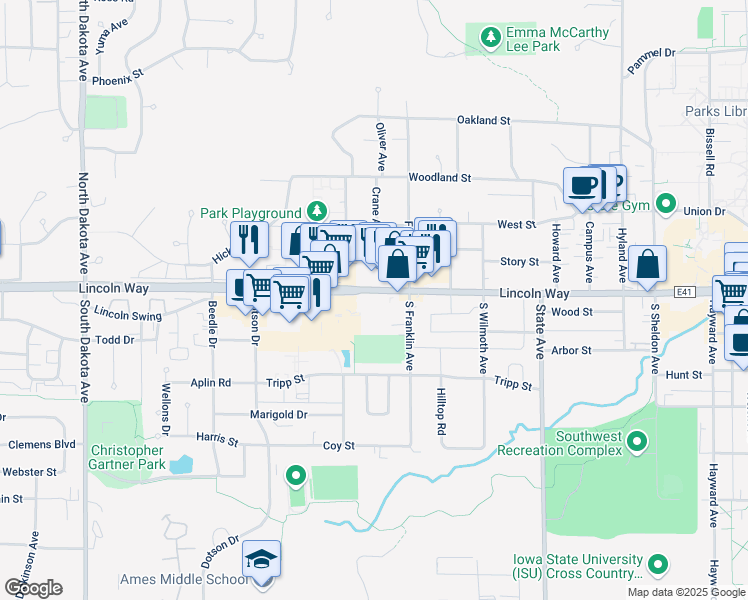 map of restaurants, bars, coffee shops, grocery stores, and more near 3510 Lincoln Way in Ames