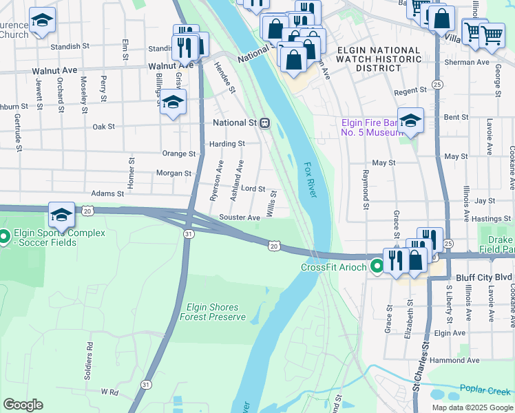 map of restaurants, bars, coffee shops, grocery stores, and more near 523 Hendee Street in Elgin