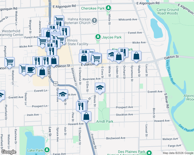 map of restaurants, bars, coffee shops, grocery stores, and more near 1510 Riverview Avenue in Des Plaines