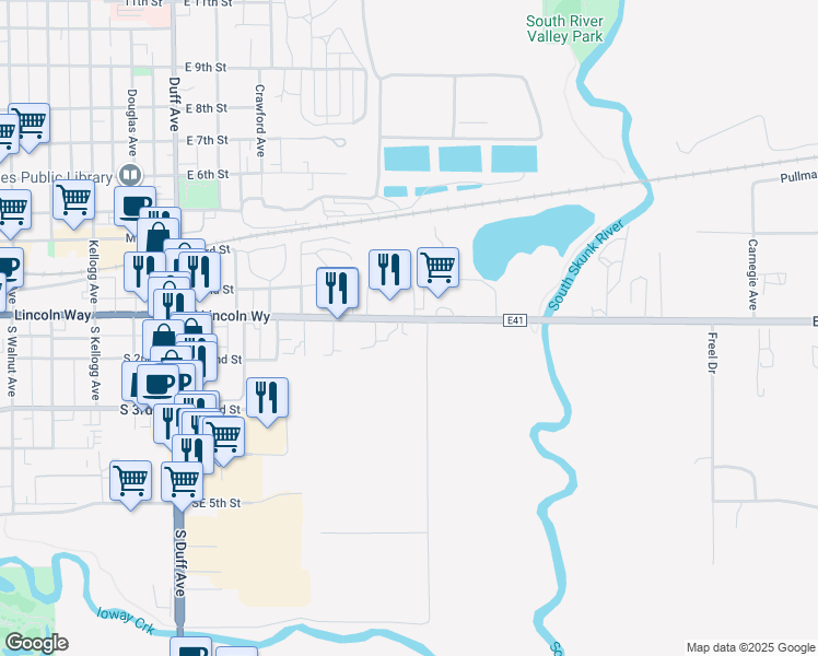 map of restaurants, bars, coffee shops, grocery stores, and more near 716 East Lincoln Way in Ames