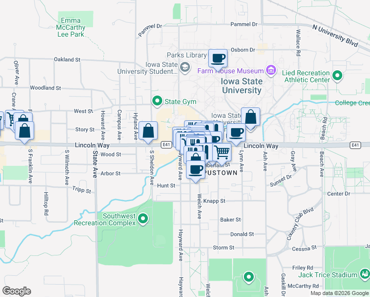 map of restaurants, bars, coffee shops, grocery stores, and more near 2528 Lincoln Way in Ames