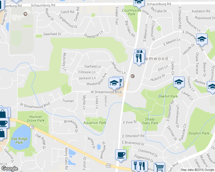 map of restaurants, bars, coffee shops, grocery stores, and more near 23 Washington Court in Streamwood