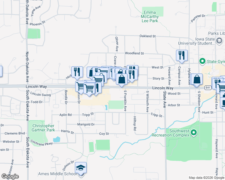 map of restaurants, bars, coffee shops, grocery stores, and more near 3512 Lincoln Way in Ames