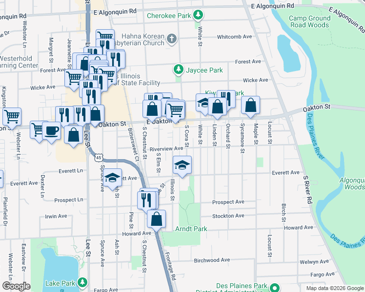 map of restaurants, bars, coffee shops, grocery stores, and more near 1510 Riverview Avenue in Des Plaines