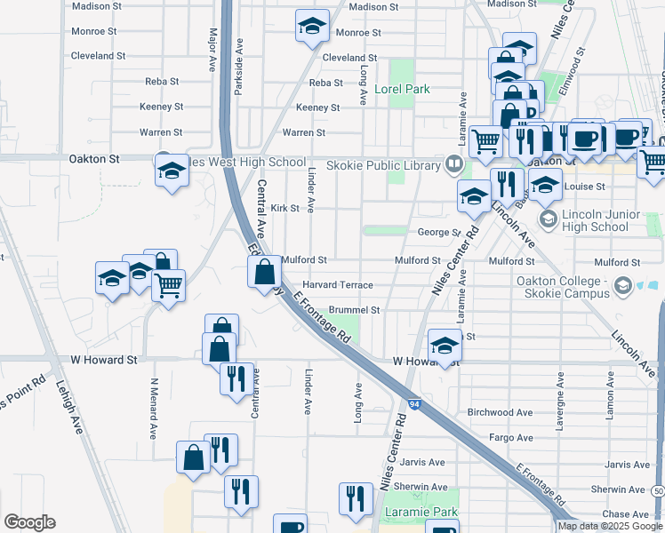 map of restaurants, bars, coffee shops, grocery stores, and more near 5431 Mulford Street in Skokie
