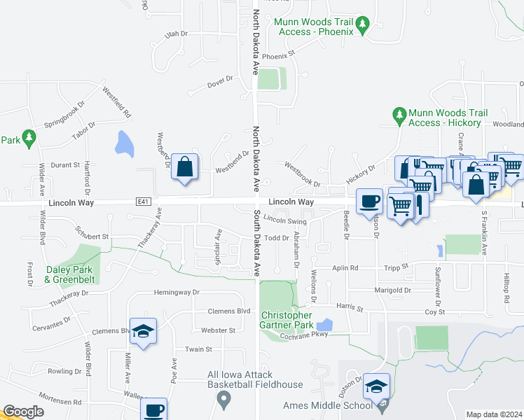 map of restaurants, bars, coffee shops, grocery stores, and more near 4420 Lincoln Way in Ames