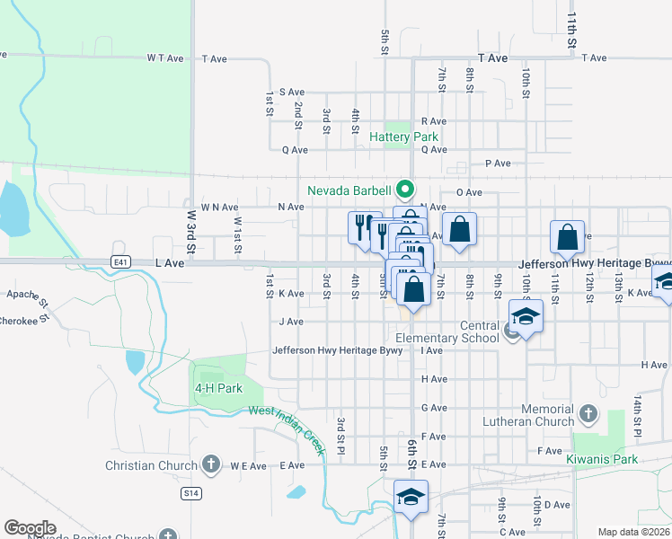 map of restaurants, bars, coffee shops, grocery stores, and more near 320 L Avenue in Nevada