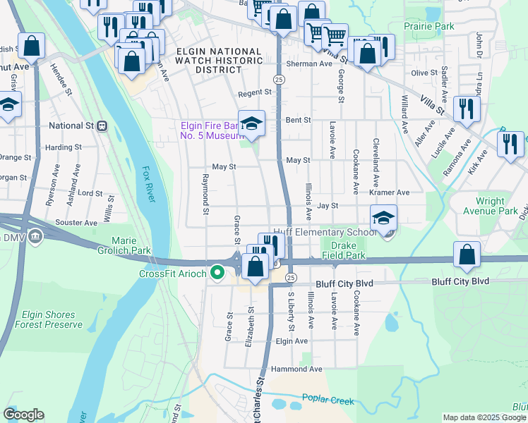 map of restaurants, bars, coffee shops, grocery stores, and more near 664 Saint Charles Street in Elgin