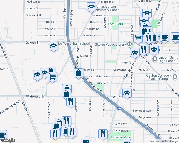 map of restaurants, bars, coffee shops, grocery stores, and more near 5501 Mulford Street in Skokie