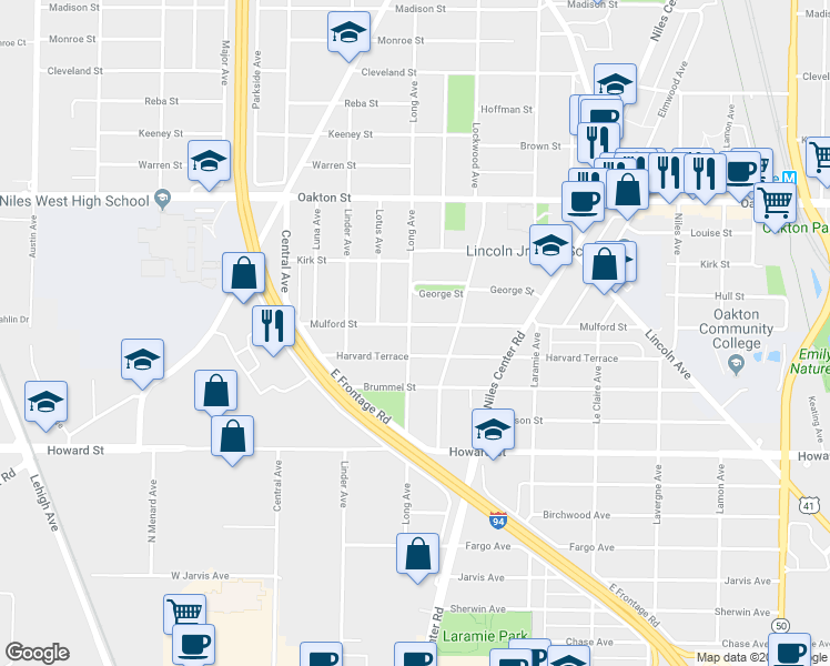 map of restaurants, bars, coffee shops, grocery stores, and more near 5341 Mulford Street in Skokie