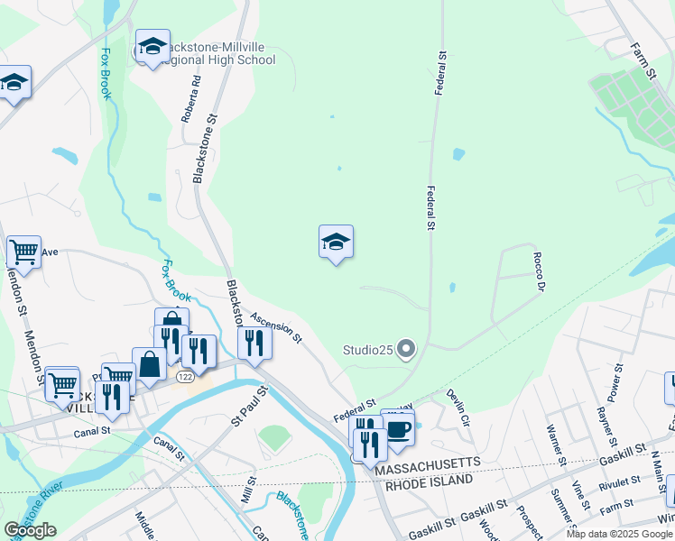 map of restaurants, bars, coffee shops, grocery stores, and more near 35 Federal Street in Blackstone