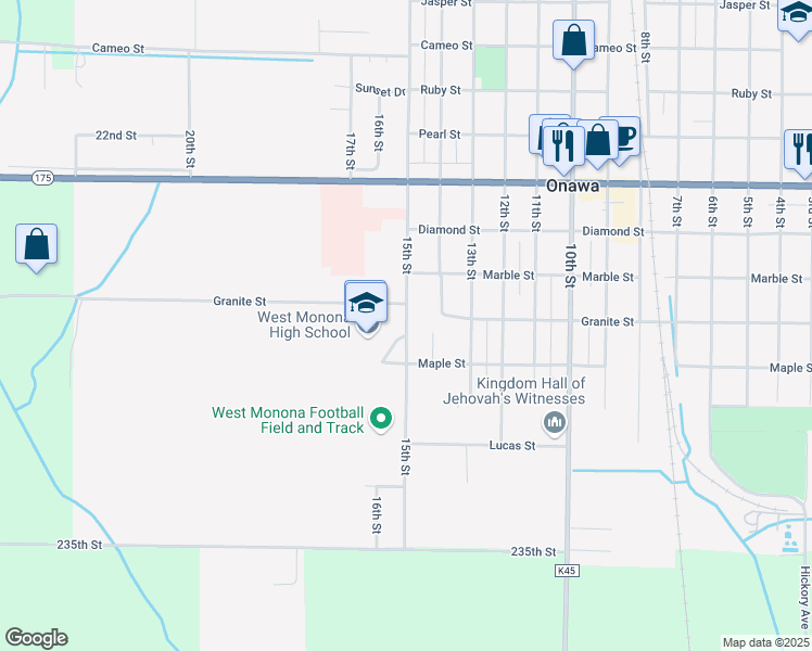 map of restaurants, bars, coffee shops, grocery stores, and more near 1314 15th Street in Onawa