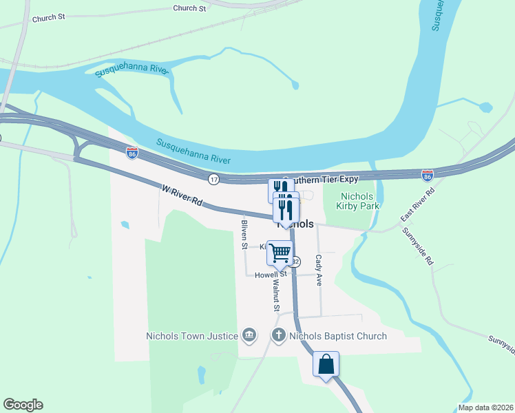 map of restaurants, bars, coffee shops, grocery stores, and more near 145 West River Road in Nichols