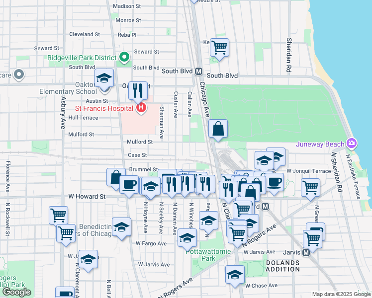 map of restaurants, bars, coffee shops, grocery stores, and more near 236 Callan Avenue in Evanston
