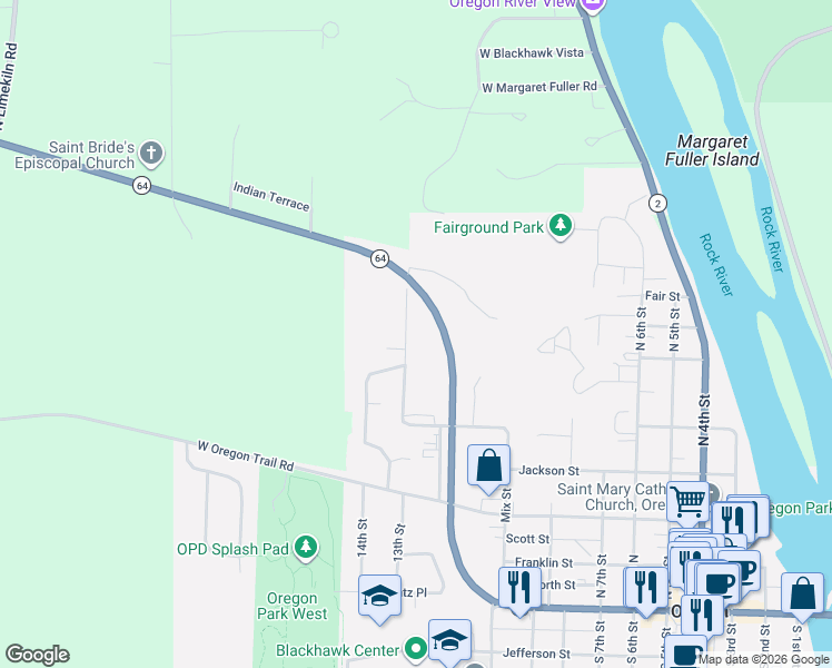 map of restaurants, bars, coffee shops, grocery stores, and more near 1305 North Illinois Street in Oregon