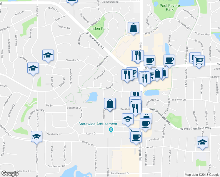 map of restaurants, bars, coffee shops, grocery stores, and more near 2883 Belle Lane in Schaumburg