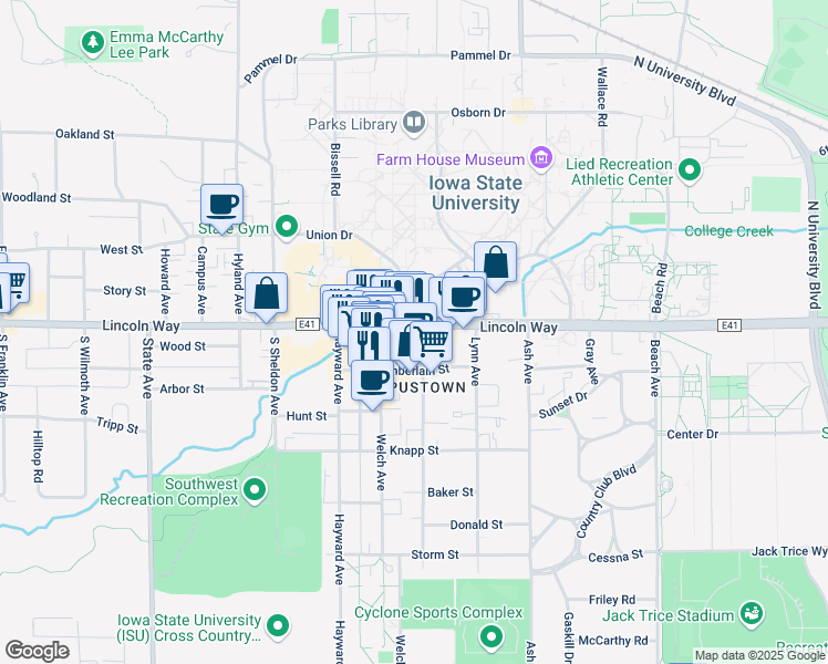 map of restaurants, bars, coffee shops, grocery stores, and more near 103 Stanton Avenue in Ames