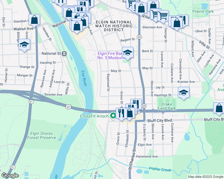 map of restaurants, bars, coffee shops, grocery stores, and more near 361 Jay Street in Elgin