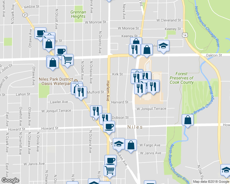 map of restaurants, bars, coffee shops, grocery stores, and more near 7764 Nora Avenue in Niles