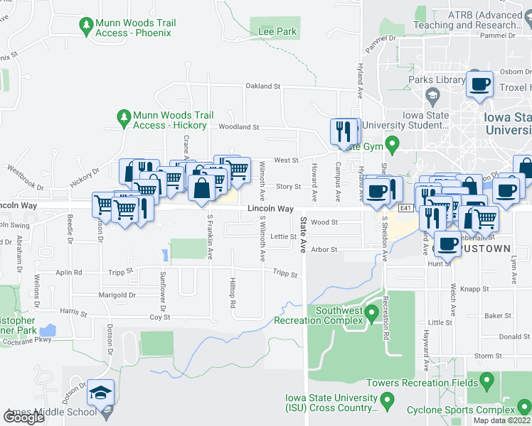 map of restaurants, bars, coffee shops, grocery stores, and more near 3230 Lincoln Way in Ames
