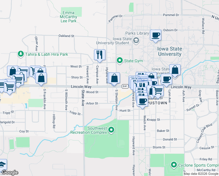 map of restaurants, bars, coffee shops, grocery stores, and more near 2728 Lincoln Way in Ames