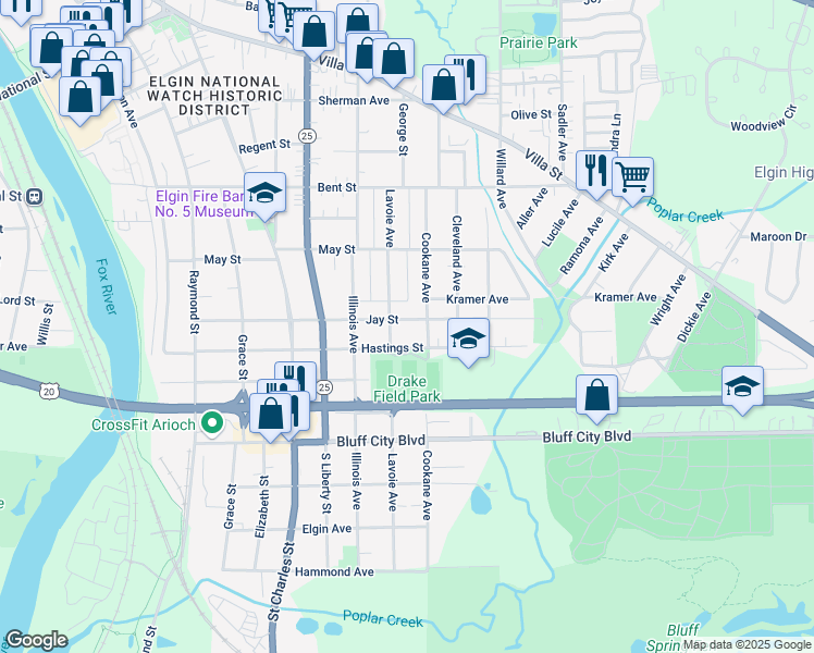 map of restaurants, bars, coffee shops, grocery stores, and more near 703 Jay Street in Elgin