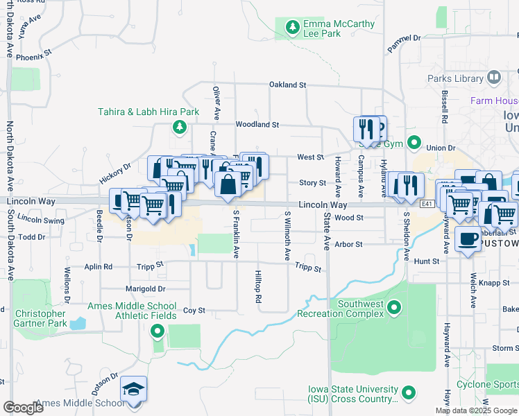 map of restaurants, bars, coffee shops, grocery stores, and more near 3326 Lincoln Way in Ames