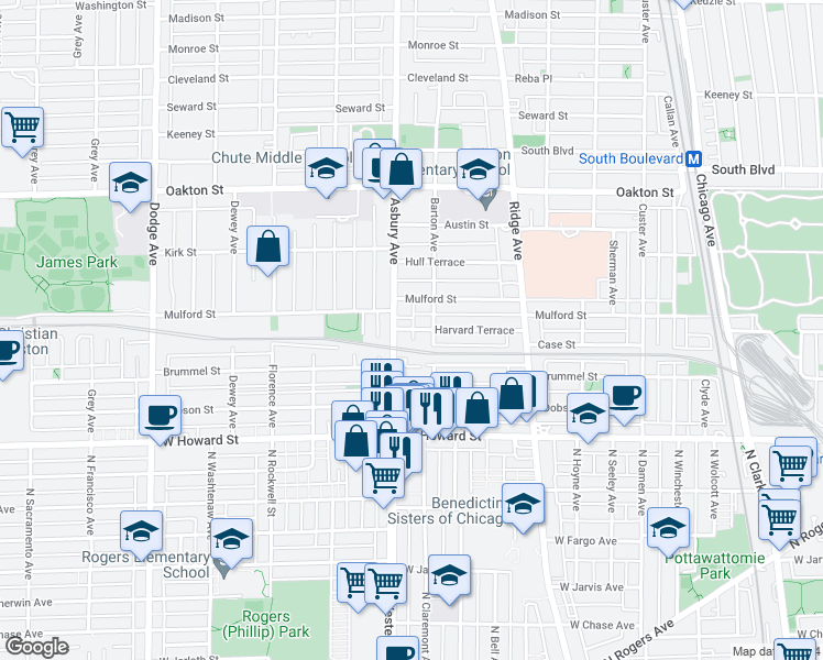 map of restaurants, bars, coffee shops, grocery stores, and more near 1224 Harvard Terrace in Evanston