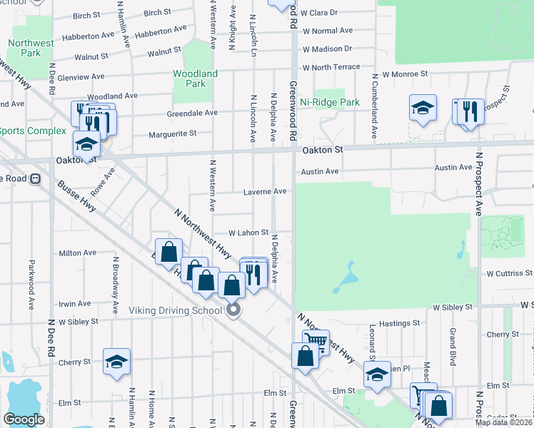 map of restaurants, bars, coffee shops, grocery stores, and more near 819 North Lincoln Avenue in Park Ridge