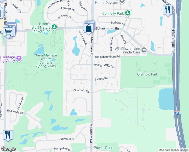 map of restaurants, bars, coffee shops, grocery stores, and more near 324 Silverwood Court in Schaumburg