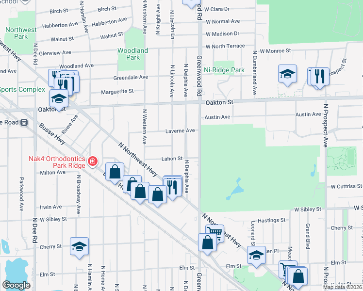 map of restaurants, bars, coffee shops, grocery stores, and more near 819 North Lincoln Avenue in Park Ridge