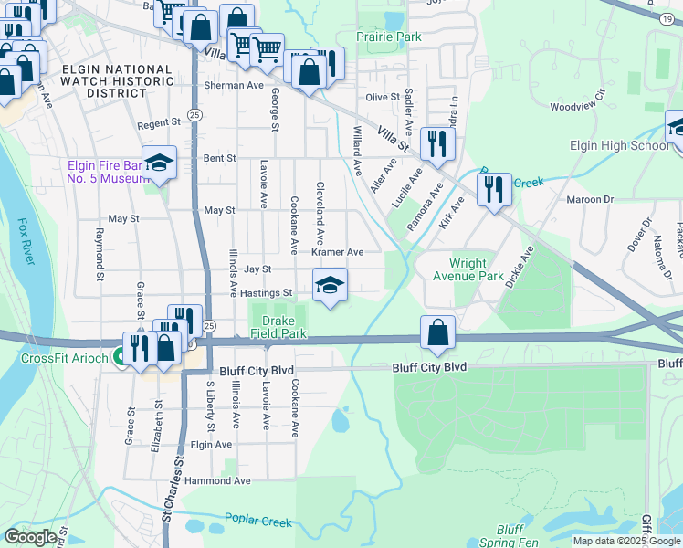 map of restaurants, bars, coffee shops, grocery stores, and more near 807 Jay Street in Elgin