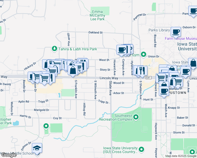 map of restaurants, bars, coffee shops, grocery stores, and more near 3230 Lincoln Way in Ames