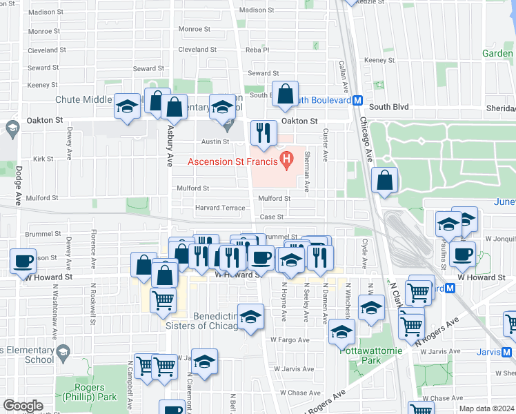 map of restaurants, bars, coffee shops, grocery stores, and more near 241 Ridge Avenue in Evanston